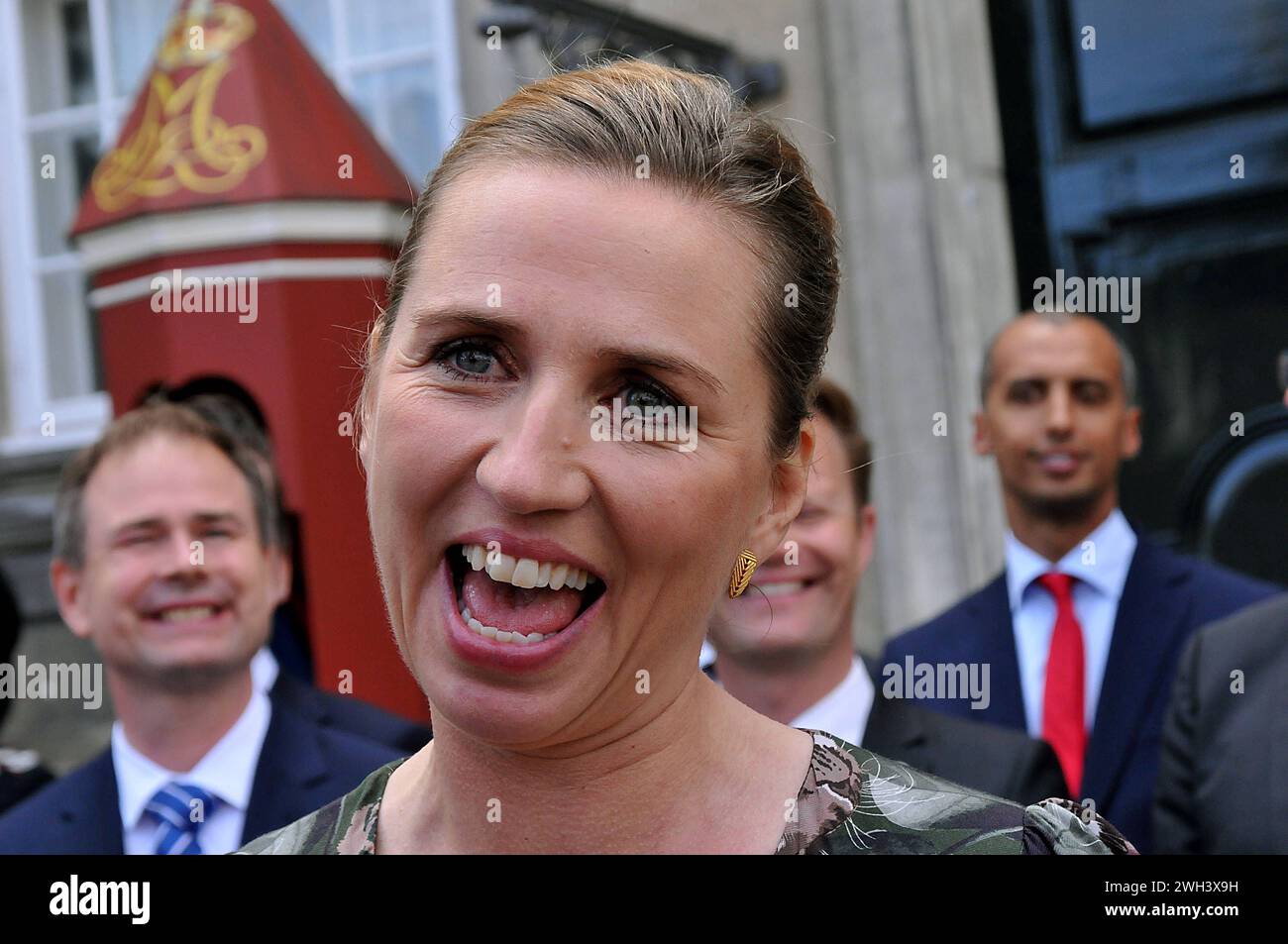 Copenhagen /Denmark./ 27June 2019/Ms. Mette Frederiksen New prime miniter of Denmark solo social democray govenorment after 40 years she presnets her minister team to first to H.M.The Queen Margrethe II of Denmark may be other royal familt member at Aamelineborg Palace and later she presents her New Got minister to Press media and nation infront of Amalienborg papace in Copenhagen Denmark she has 6 female minister on her team some miniter are new faces in minter team, New social memocrat priem minister Ms.Mette Frederisken and minister team at infront the Amalienborg Palace in danish capital.m Stock Photo