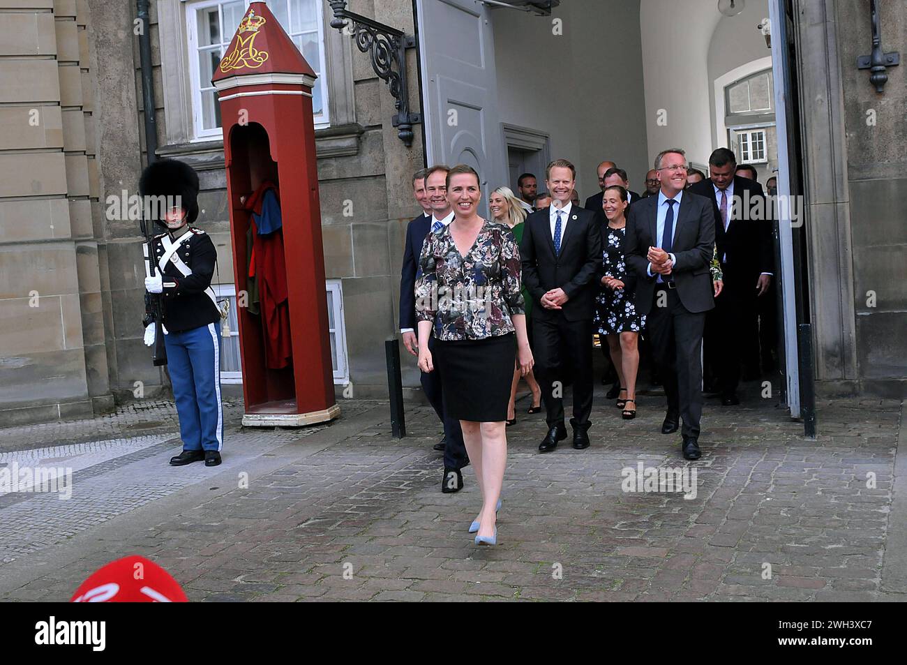 Copenhagen /Denmark./ 27June 2019/Ms. Mette Frederiksen New prime miniter of Denmark solo social democray govenorment after 40 years she presnets her minister team to first to H.M.The Queen Margrethe II of Denmark may be other royal familt member at Aamelineborg Palace and later she presents her New Got minister to Press media and nation infront of Amalienborg papace in Copenhagen Denmark she has 6 female minister on her team some miniter are new faces in minter team, New social memocrat priem minister Ms.Mette Frederisken and minister team at infront the Amalienborg Palace in danish capital.m Stock Photo