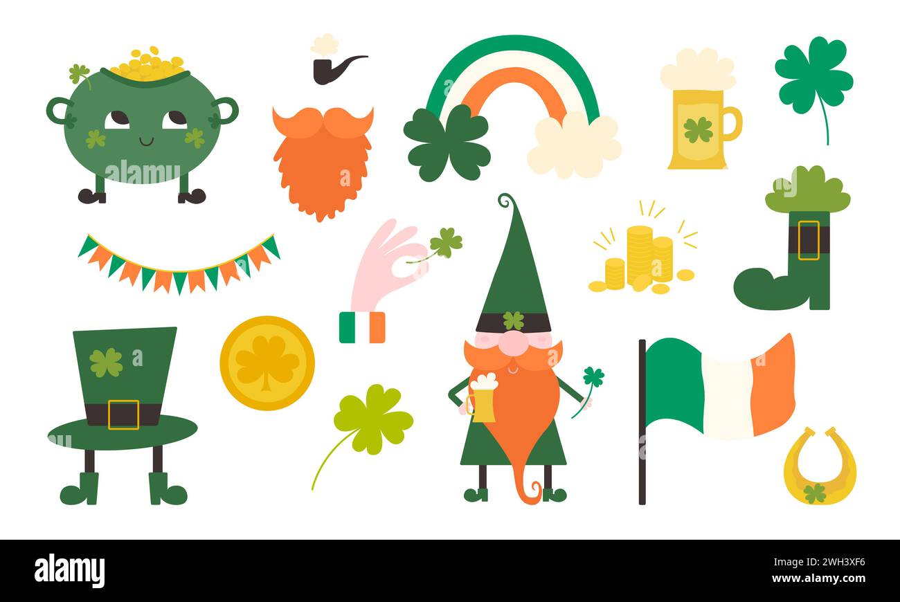 St. Patrick's Day vector flat elements set. Green shamrock, hat, leprechaun, beer. Symbols of Ireland Stock Vector