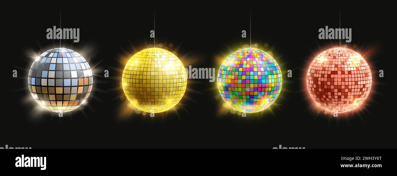 Disco mirror ball. Retro party club decoration silver, golden, rainbow