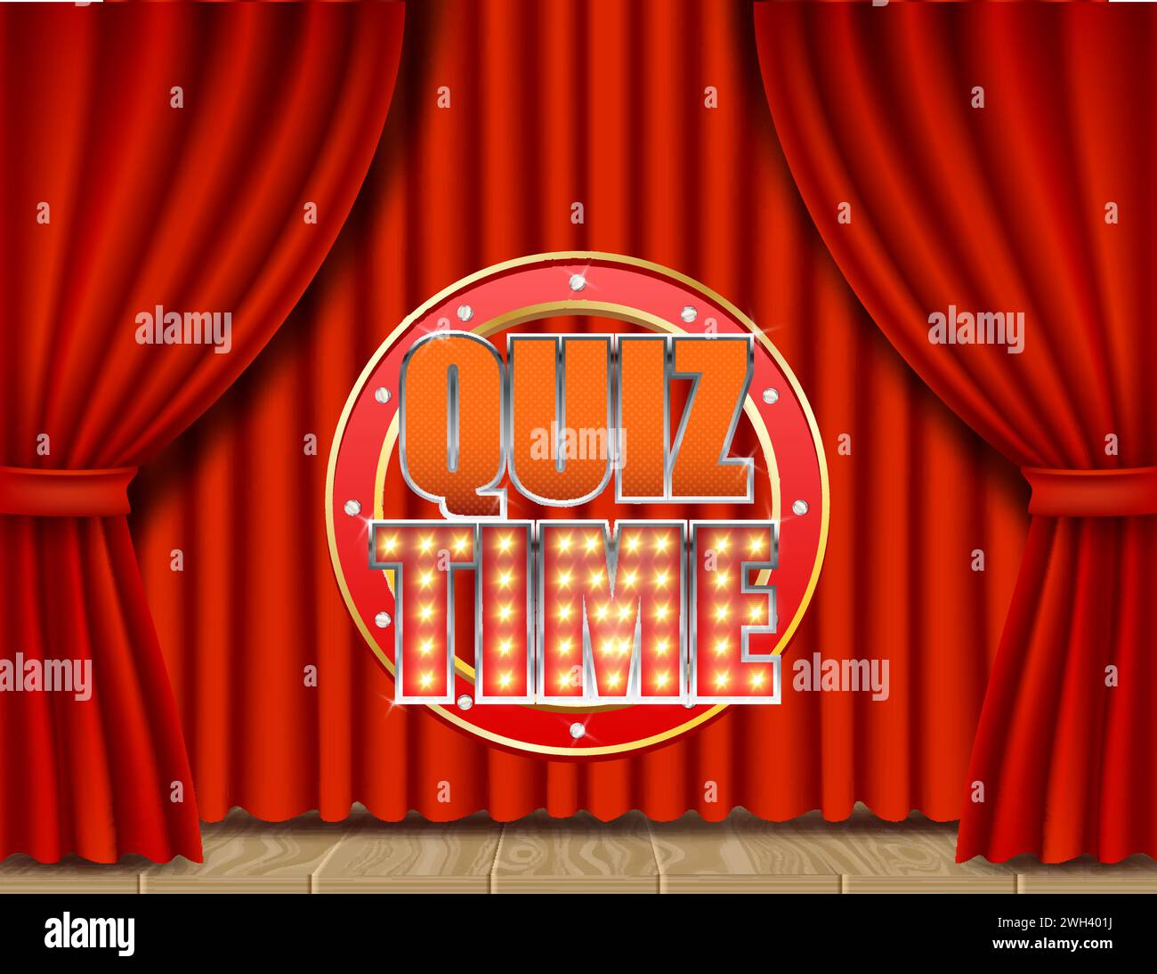 Quiz time signboard with glowing lights on red velvet curtains, vector realistic illustration