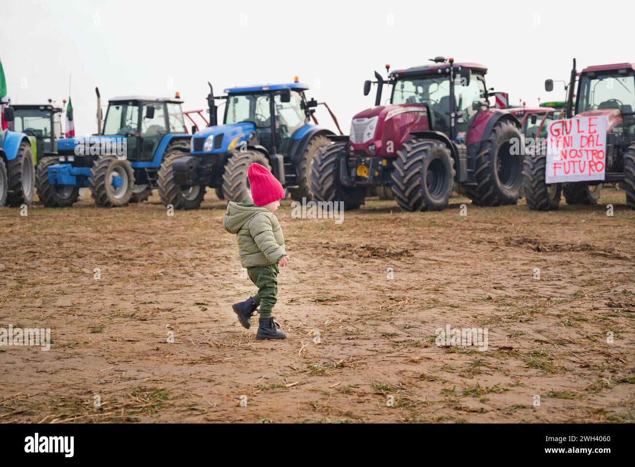 Rivoli, Italy - February 7, 2024: Farmers Protest With Tractors against European policies on production costs. Stock Photo