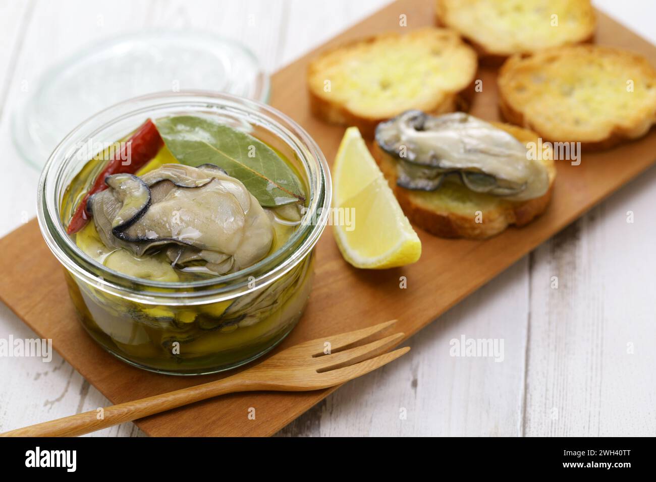 homemade marinated oysters in olive oil, Japanese food Stock Photo