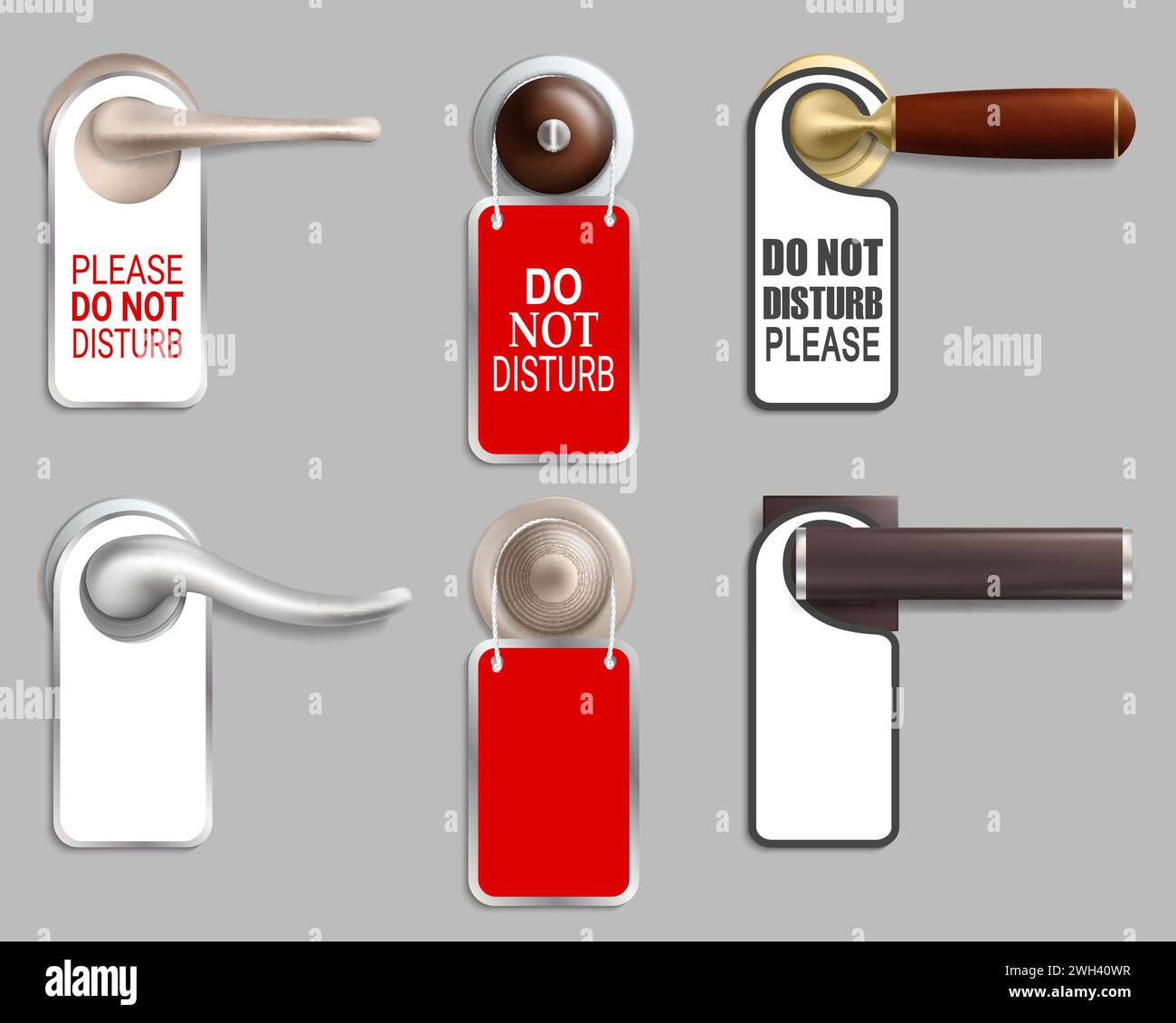 Metal door handle lock with hanger mockup set, vector isolated