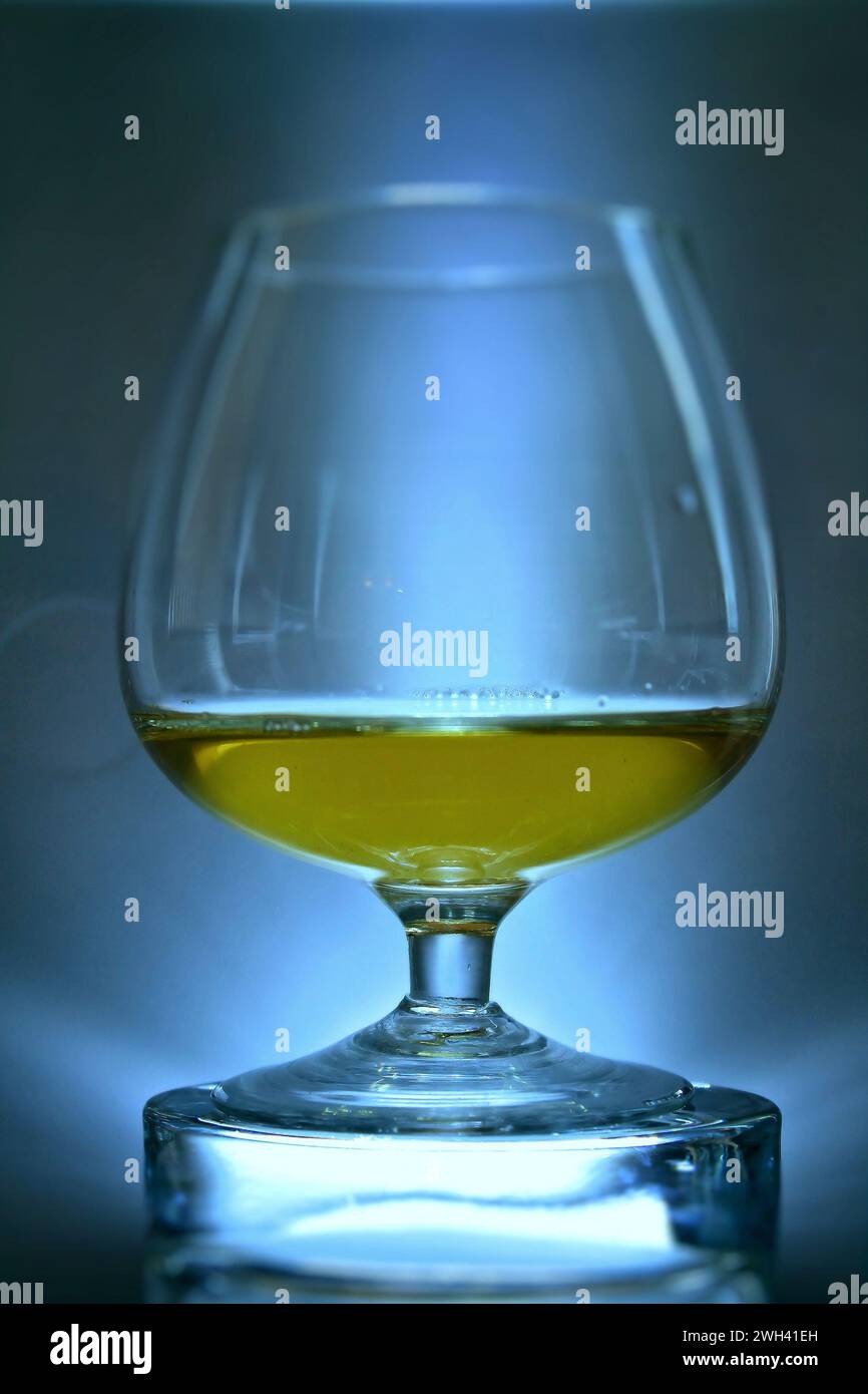 Elegant glass of exquisite brandy on ice cube in ray of blue light Stock Photo