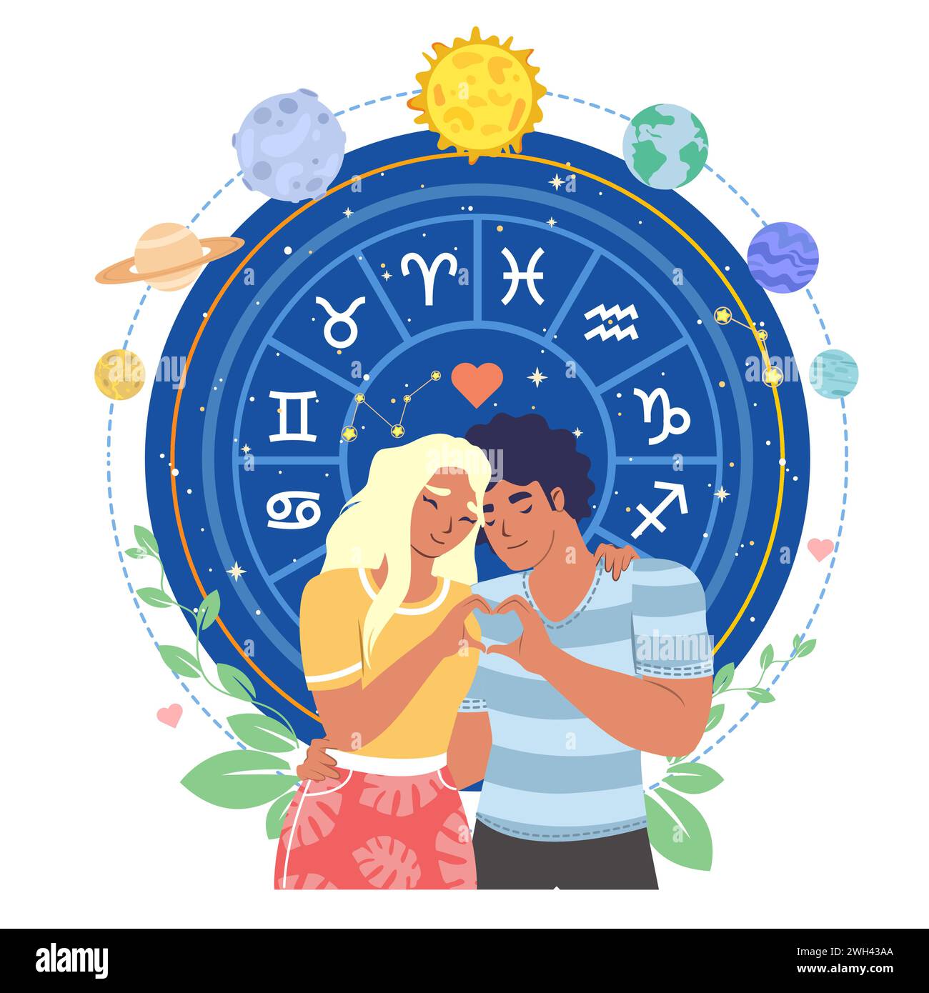 Astrology love horoscope for couples vector illustration. Beloved young