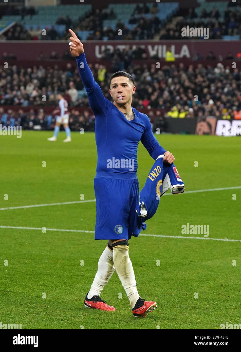 Chelsea's Enzo Fernandez celebrates scoring their side's third goal of the game from a free-kick during the Emirates FA Cup fourth round replay match at Villa Park, Birmingham. Picture date: Wednesday February 7, 2024. Stock Photo