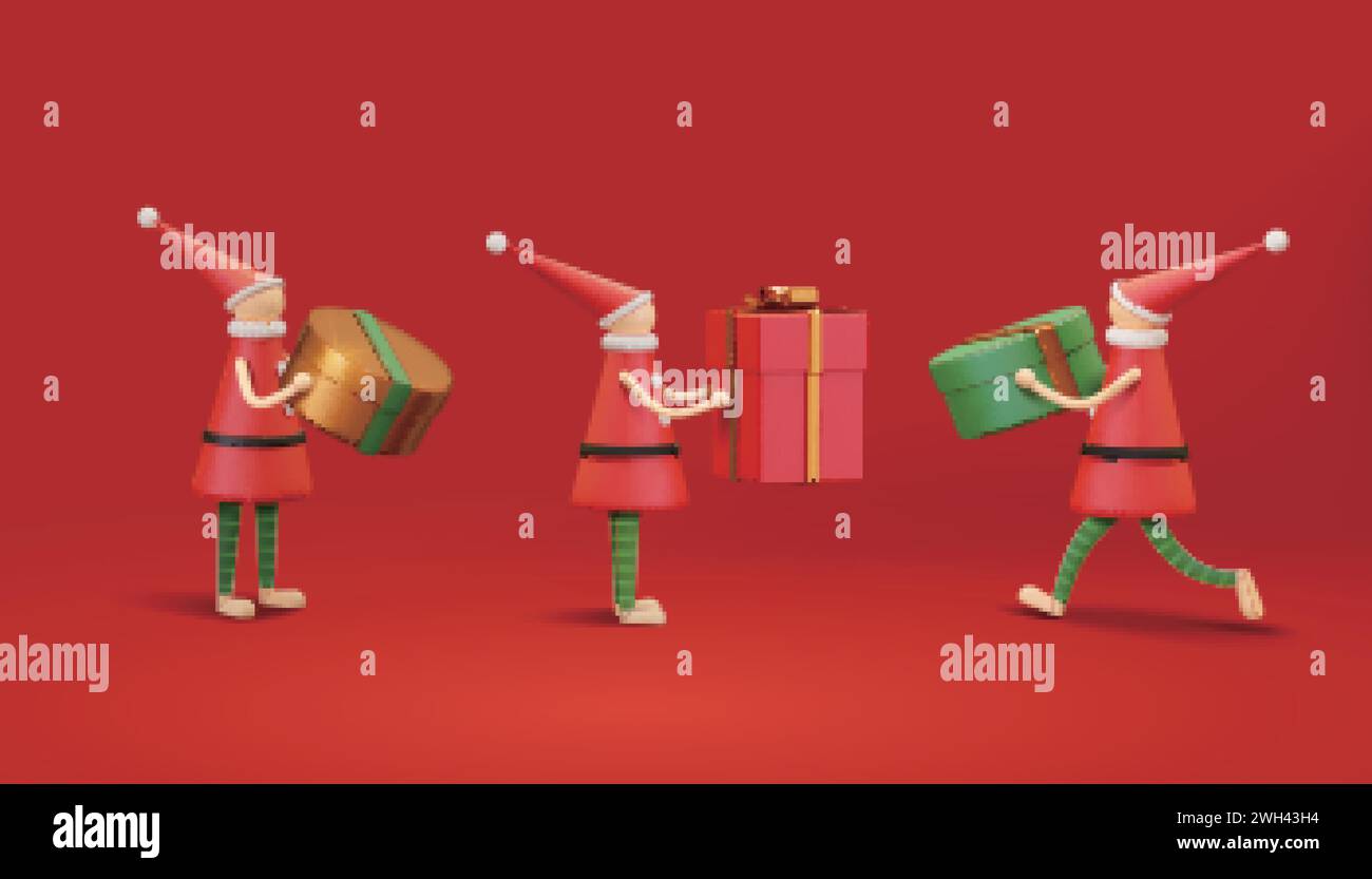 Set Of Different Cute Little Santa Elves Characters With Gift Box