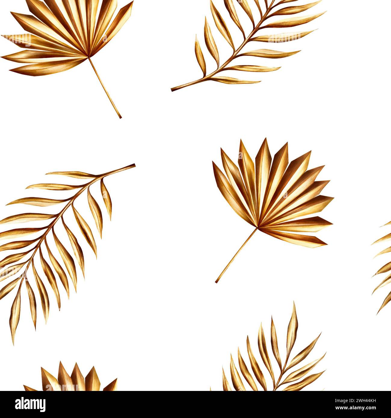 Watercolor seamless pattern with golden pampas grass, date palm branch illustration isolated on background. Botanical and wedding and Ramadan Kareem o Stock Photo