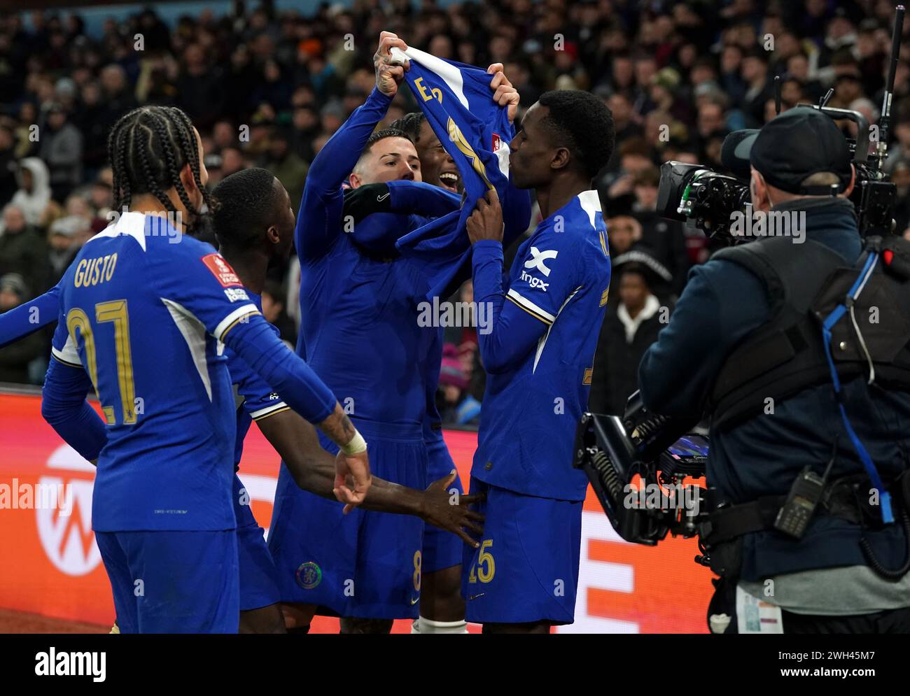 Chelsea's Enzo Fernandez (centre) celebrates with tema-mate Nicolas Jackson (right) after scoring their side's third goal of the game from a free-kick during the Emirates FA Cup fourth round replay match at Villa Park, Birmingham. Picture date: Wednesday February 7, 2024. Stock Photo