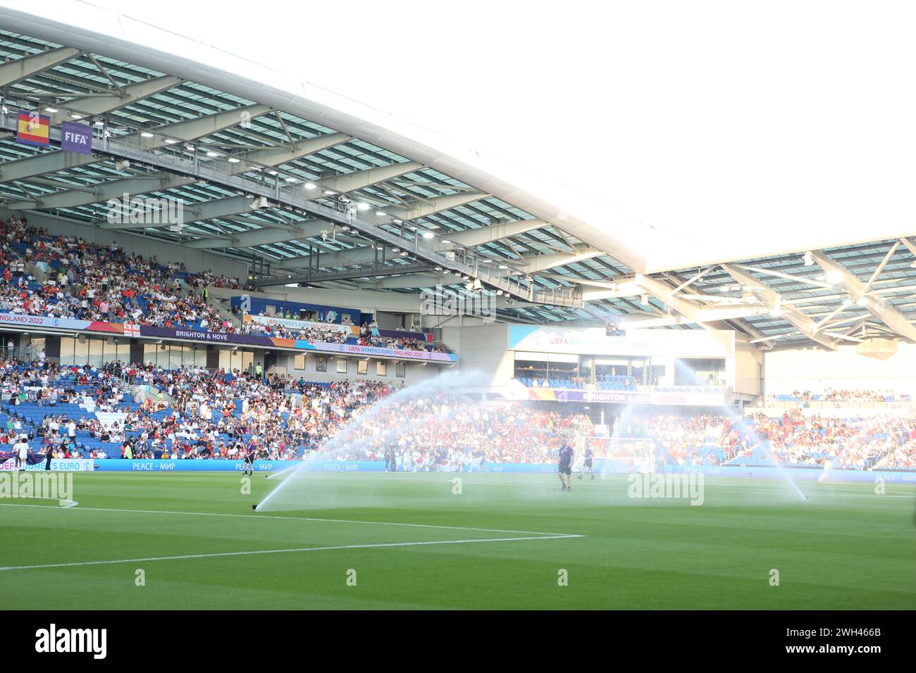 Sprinklers water pitch England v Spain UEFA Womens Euro Brighton Community Stadium (Amex Stadium) 20 July 2022 Stock Photo