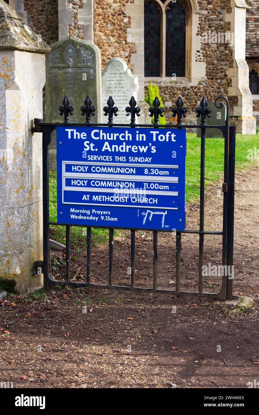 Entrance Sign for the Church of St Andrew in Toft, Cambridgeshire Stock ...