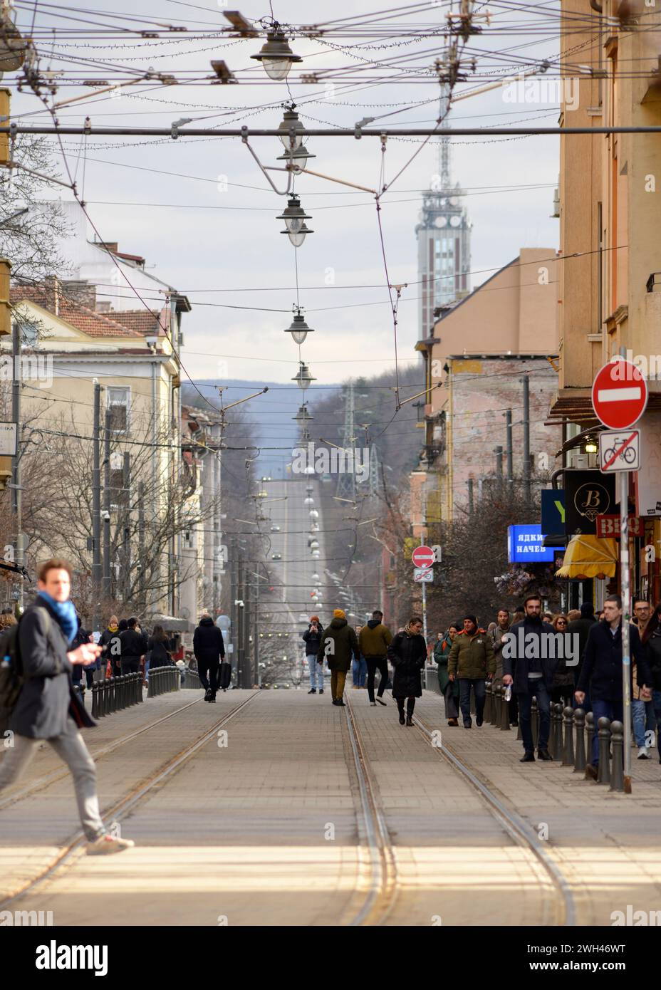 Sofia, Sofia Bulgaria, street, people, travel, pedestrians, tram lines, Graf Ignatiev Street, central Sofia, downtown Sofia, infrastructure Stock Photo