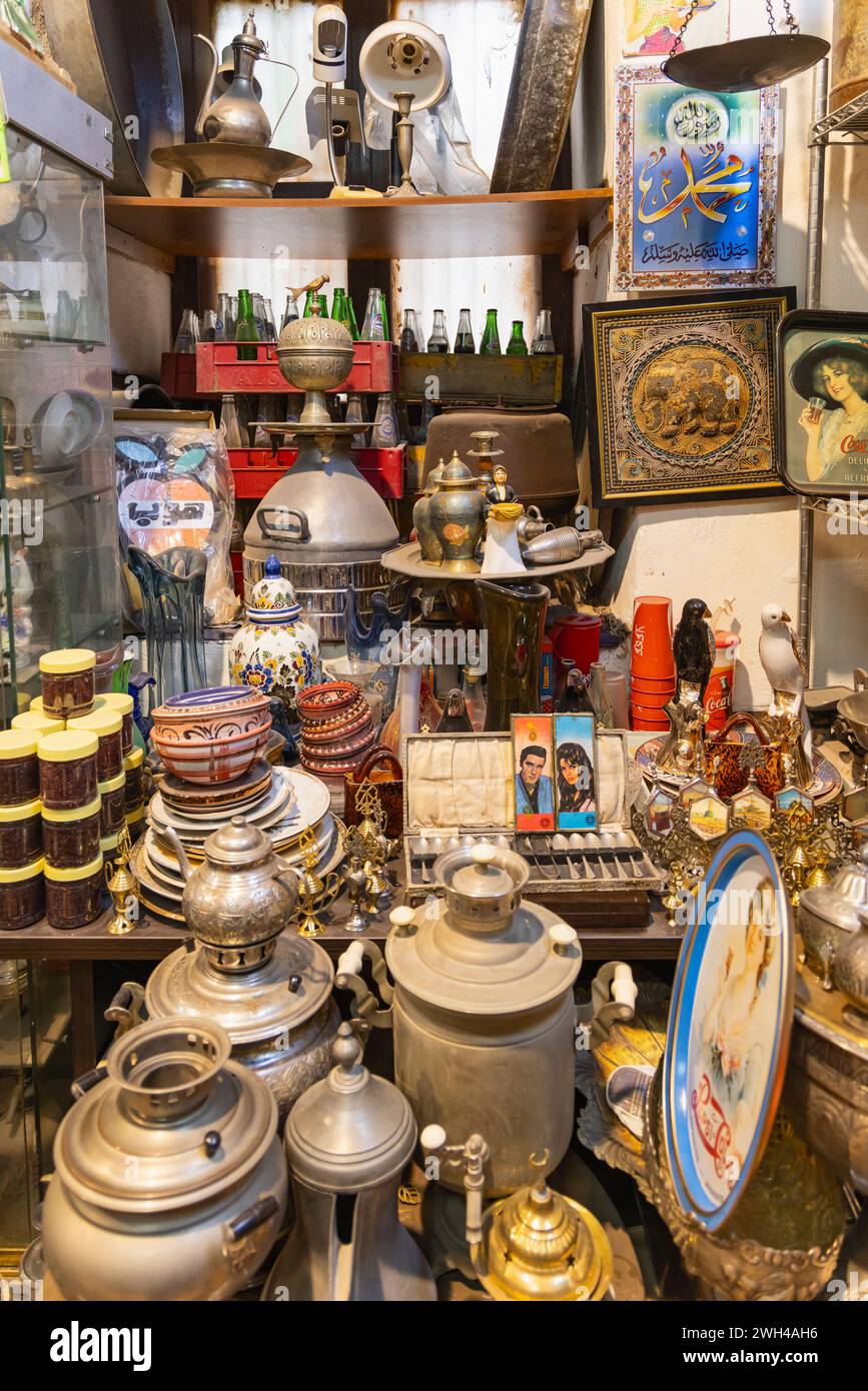 Middle East, Saudi Arabia, Mecca Province, Jeddah. November 21, 2023. Antique brass, copper, and tin coffee pots in the Al-Balad district. Stock Photo