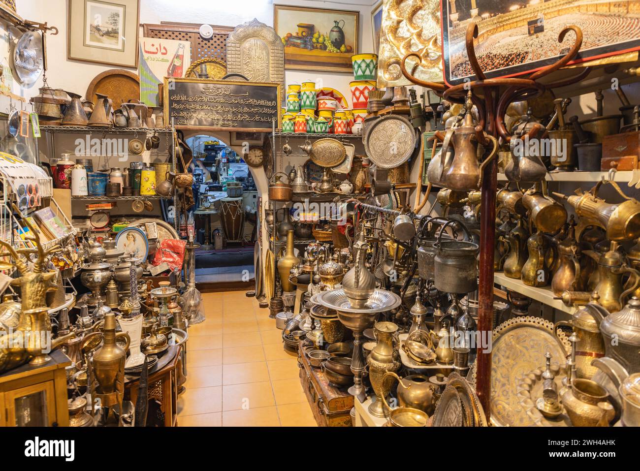 Middle East, Saudi Arabia, Mecca Province, Jeddah. November 21, 2023. Antique brass, copper, and tin coffee pots in the Al-Balad district. Stock Photo