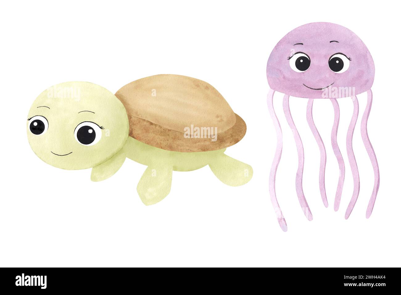 Watercolor beautiful cute sea animals with big eyes: turtle and jellyfish . Illustrations for design, invitations, baby shower, posters, wrapping pape Stock Photo