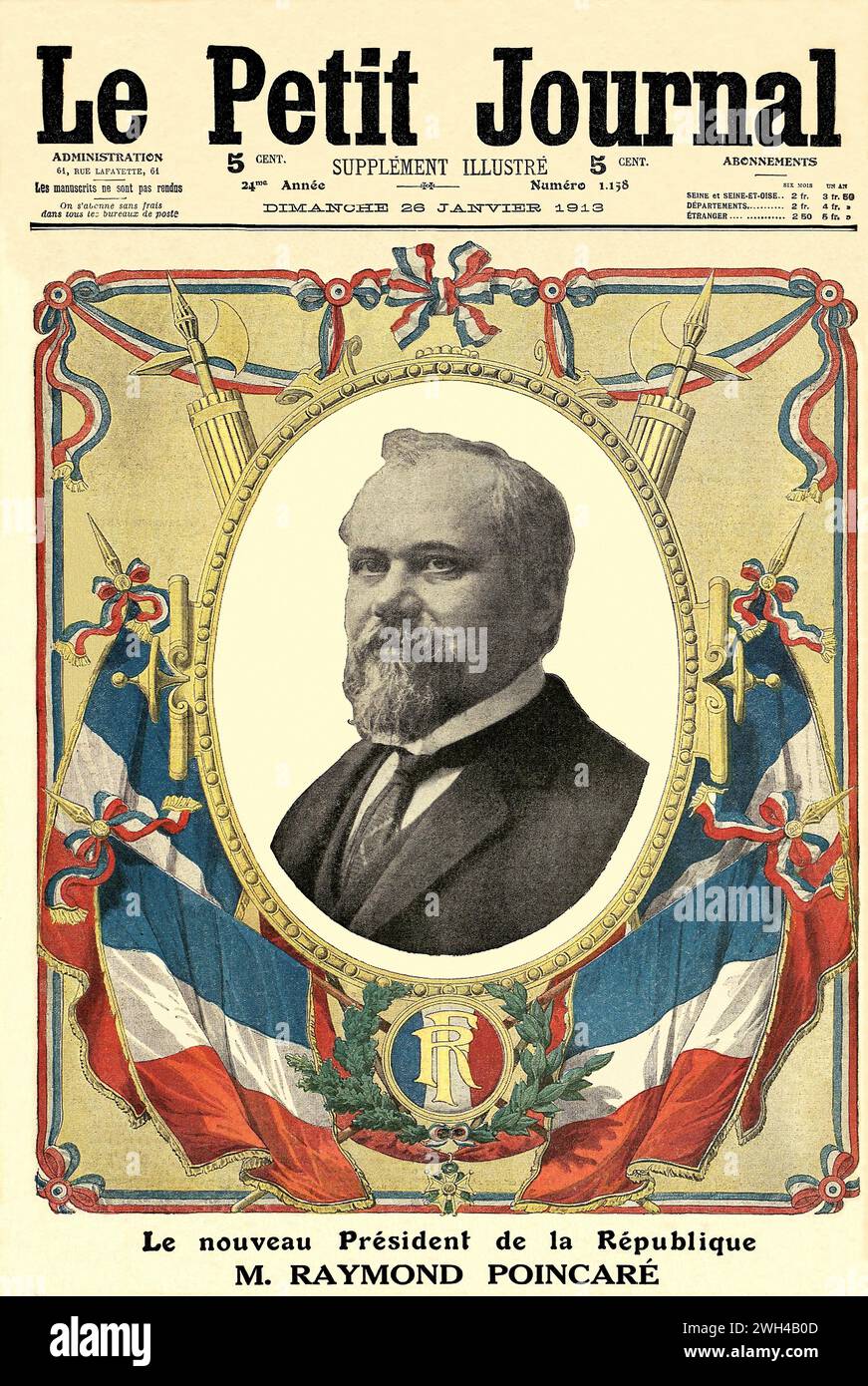 Front page of the weekly illustrated supplement of 'Le Petit Journal', celebrating the election of Raymond Poincaré, as new President of the French Republic. January 26, 1913 Stock Photo