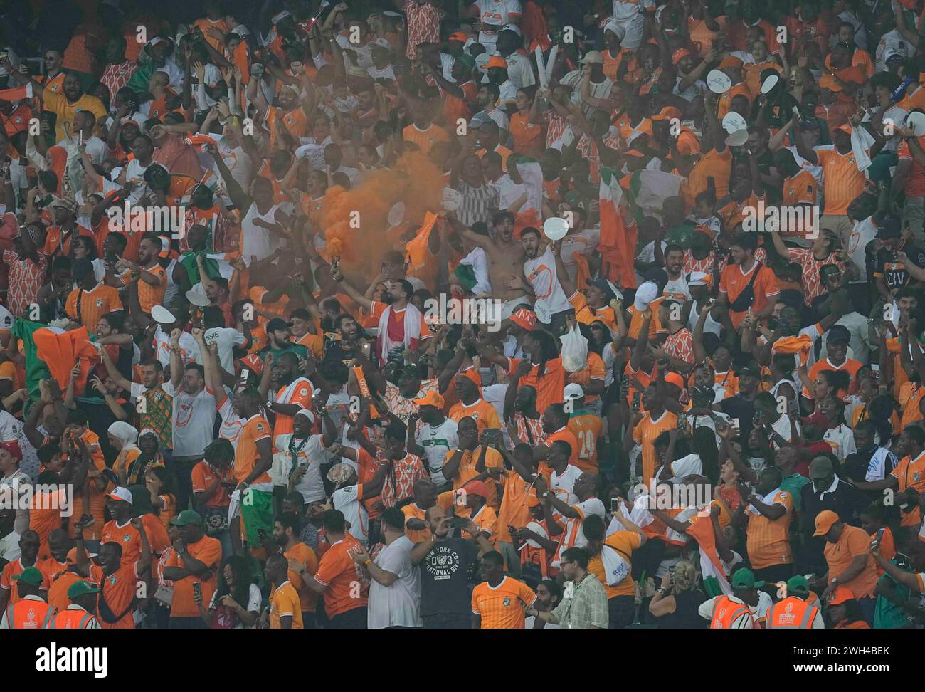 February 07 2024: Ivory Coast fans during a African Cup of Nations - Semifinal game, Ivory Coast vs DR Congo, at Alassane Ouattara Stadium, Abidjan, Ivory Coast. Kim Price/CSM Stock Photo