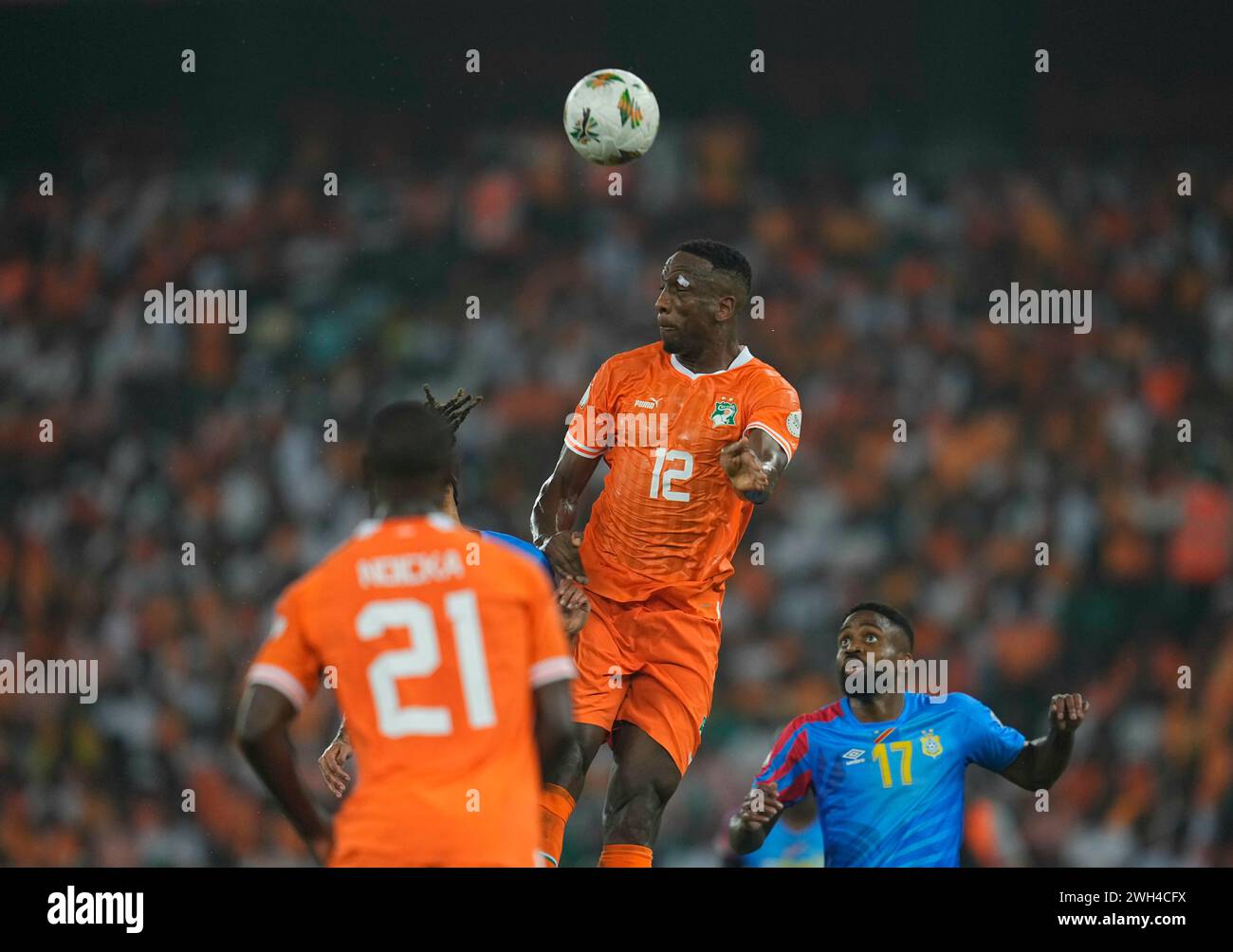 February 07 2024: Willy-Arnaud Zobo Boly (Ivory Coast) heads during a ...