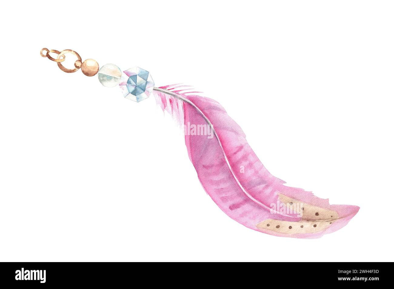 Watercolor composition from pale pink feather and glass beads isolated ...