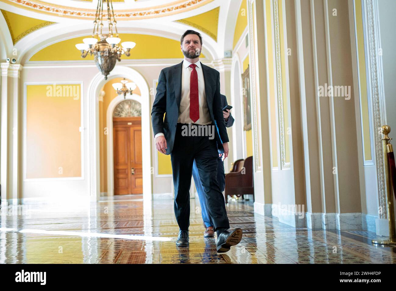 Washington, United States. 07th Feb, 2024. Sen. J.D. Vance, R-OH, walks to the Senate Chambers during a vote on the bipartisan immigration and border security legislation, which also included foreign aid for Ukraine and Israel, at the U.S Capitol in Washington, DC on Wednesday, February 7, 2024. The Senate failed to pass the legislation after it was shot down by several Republicans and Democrats. Photo by Bonnie Cash/UPI Credit: UPI/Alamy Live News Stock Photo