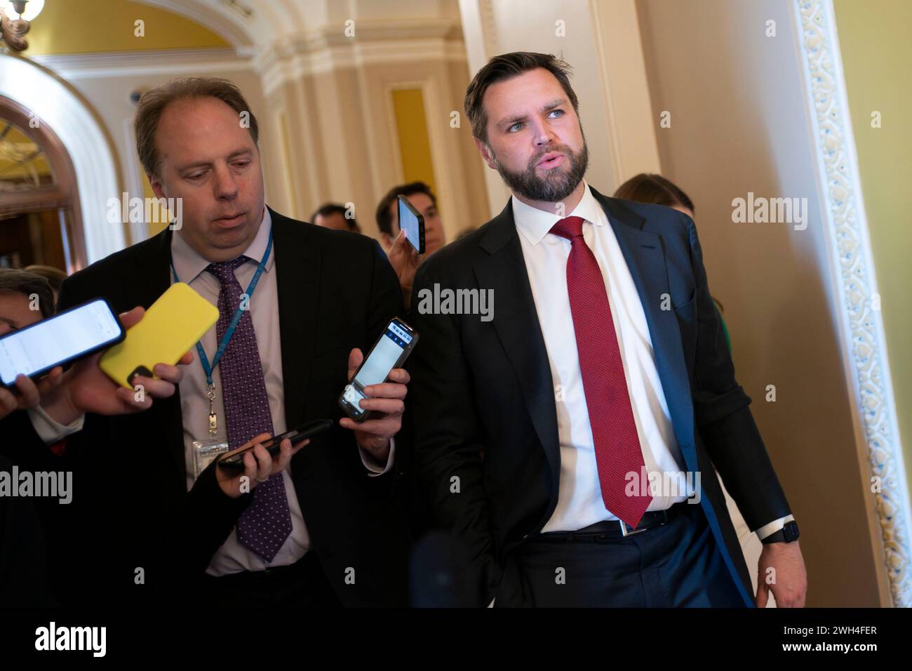 Washington, United States. 07th Feb, 2024. Sen. J.D. Vance, R-OH, speaks to the press after a vote on the bipartisan immigration and border security legislation, which also included foreign aid for Ukraine and Israel, at the U.S Capitol in Washington, DC on Wednesday, February 7, 2024. The Senate failed to pass the legislation after it was shot down by several Republicans and Democrats. Photo by Bonnie Cash/UPI Credit: UPI/Alamy Live News Stock Photo