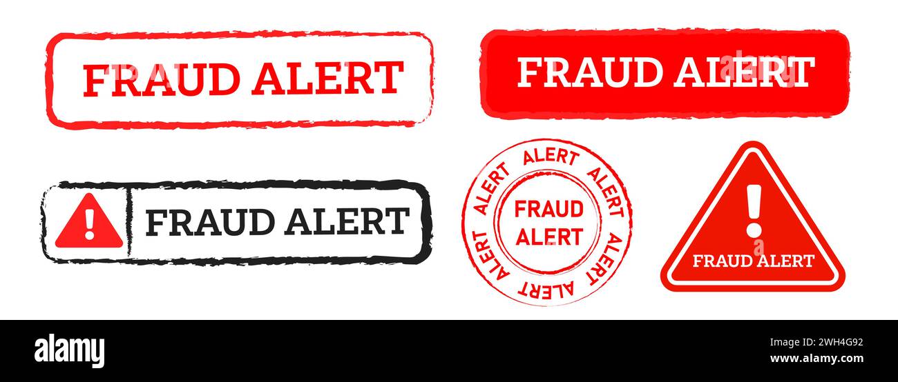 fraud alert red rubber stamp circle and square sign caution criminal extortion scam Stock Vector