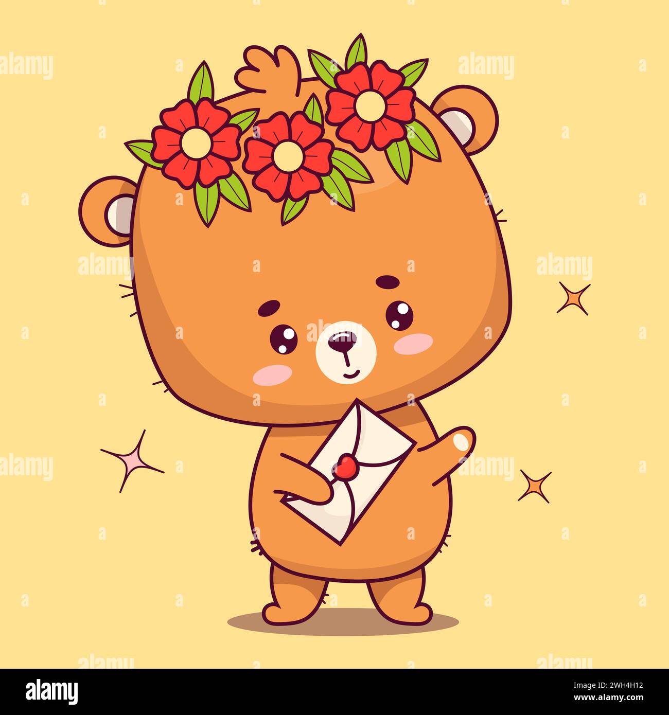Cute Bear girl in flower wreath with love letter. Funny cartoon animal ...
