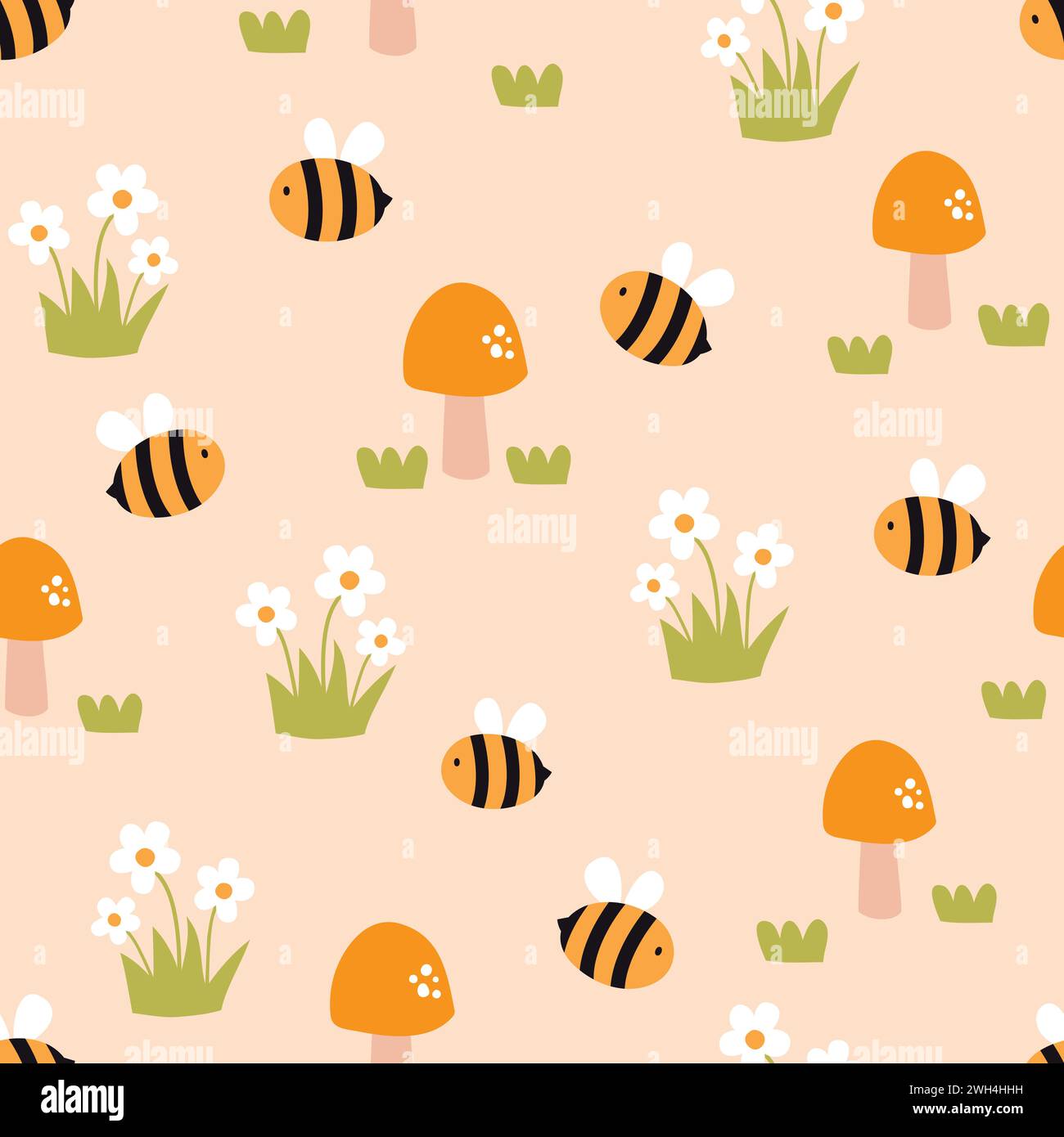 Cute bee seamless pattern. Background for baby with mushrooms, bees and ...