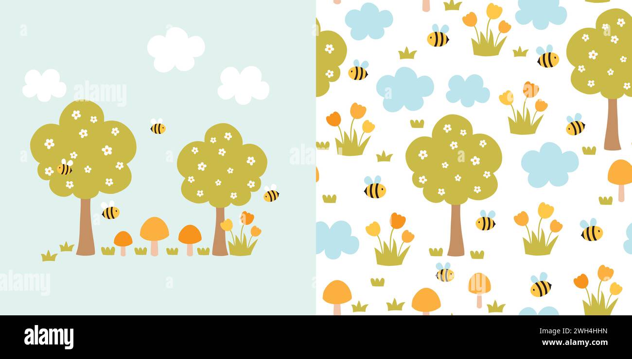 Cute spring card and seamless pattern. Childish background with trees ...