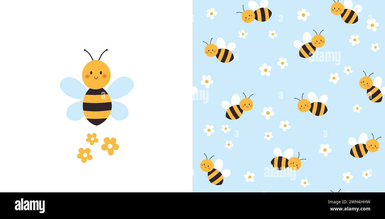 Cute bee card and seamless pattern. Background for kids with bees and ...
