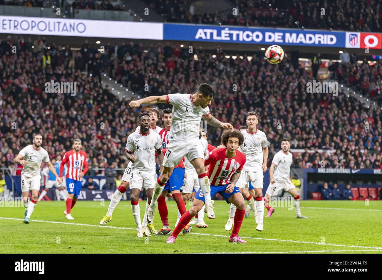 Madrid, Spain. 07th Feb, 2024. Yuri Berchiche of Athletic Bilbao seen hitting the ball with his head during the football match valid for the semi-final of the Copa del Rey tournament between Atletico Madrid and Athletic Bilbao played at Estadio Metropolitano in Madrid, Spain. Credit: Independent Photo Agency/Alamy Live News Stock Photo