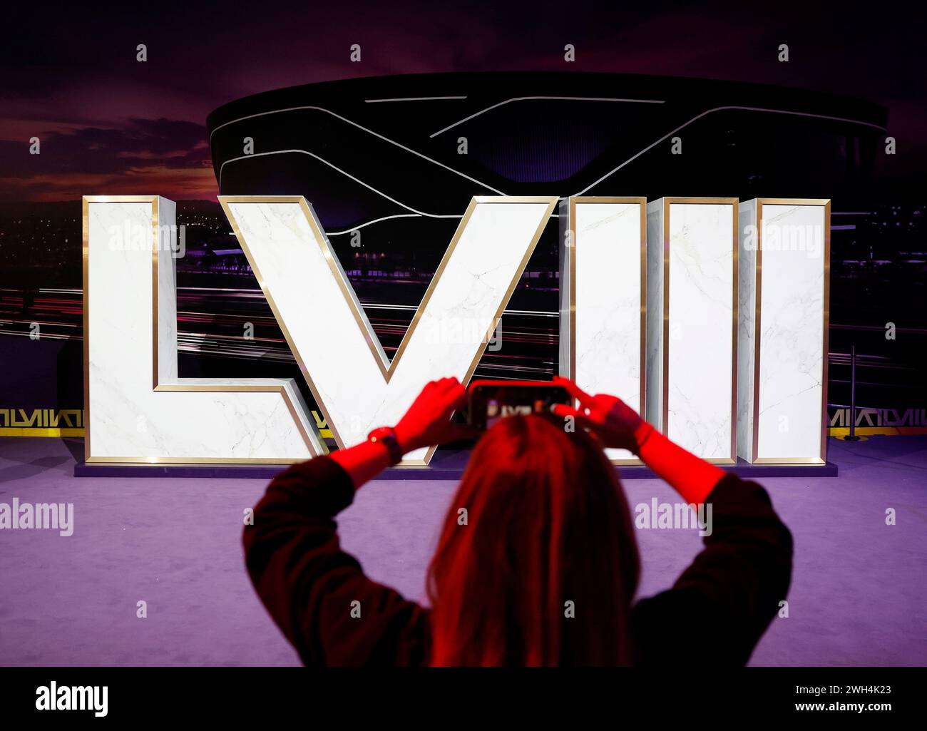 Fans take photos of the Super Bowl roman numerals at the opening of the NFL Super Bowl 