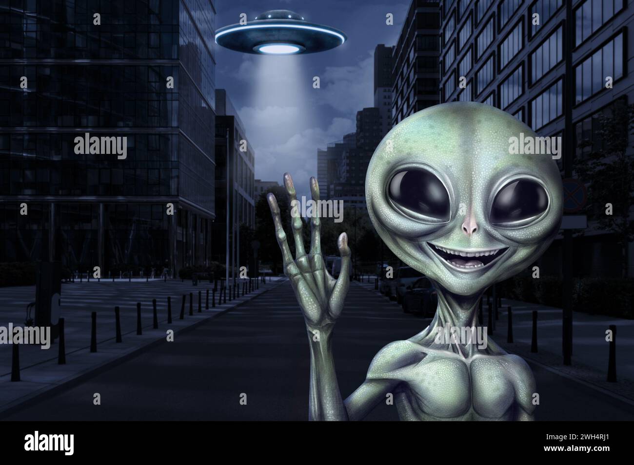 Alien and flying saucer at city. UFO, extraterrestrial visitors Stock ...