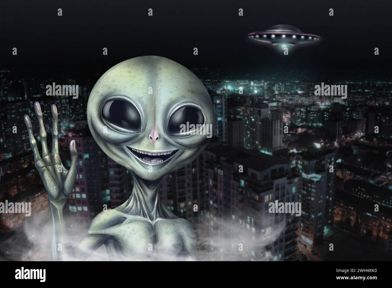 Alien and flying saucer at city. UFO, extraterrestrial visitors Stock Photo
