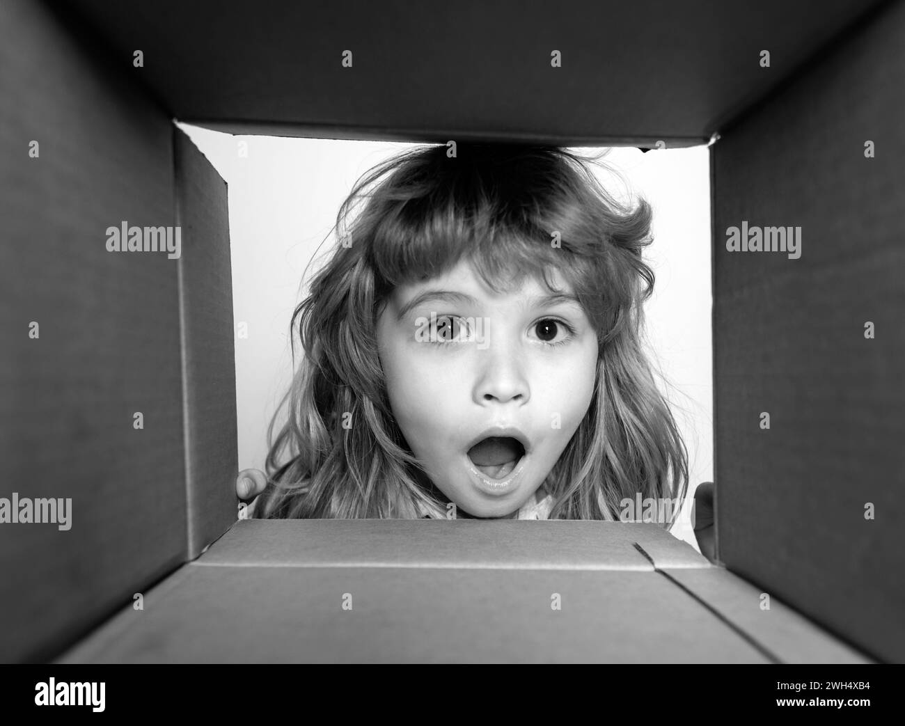 Surprised child boy unpacking, opening carton box and looking inside. The package, delivery, surprise, gift for kid. Children emotions and kids facial Stock Photo