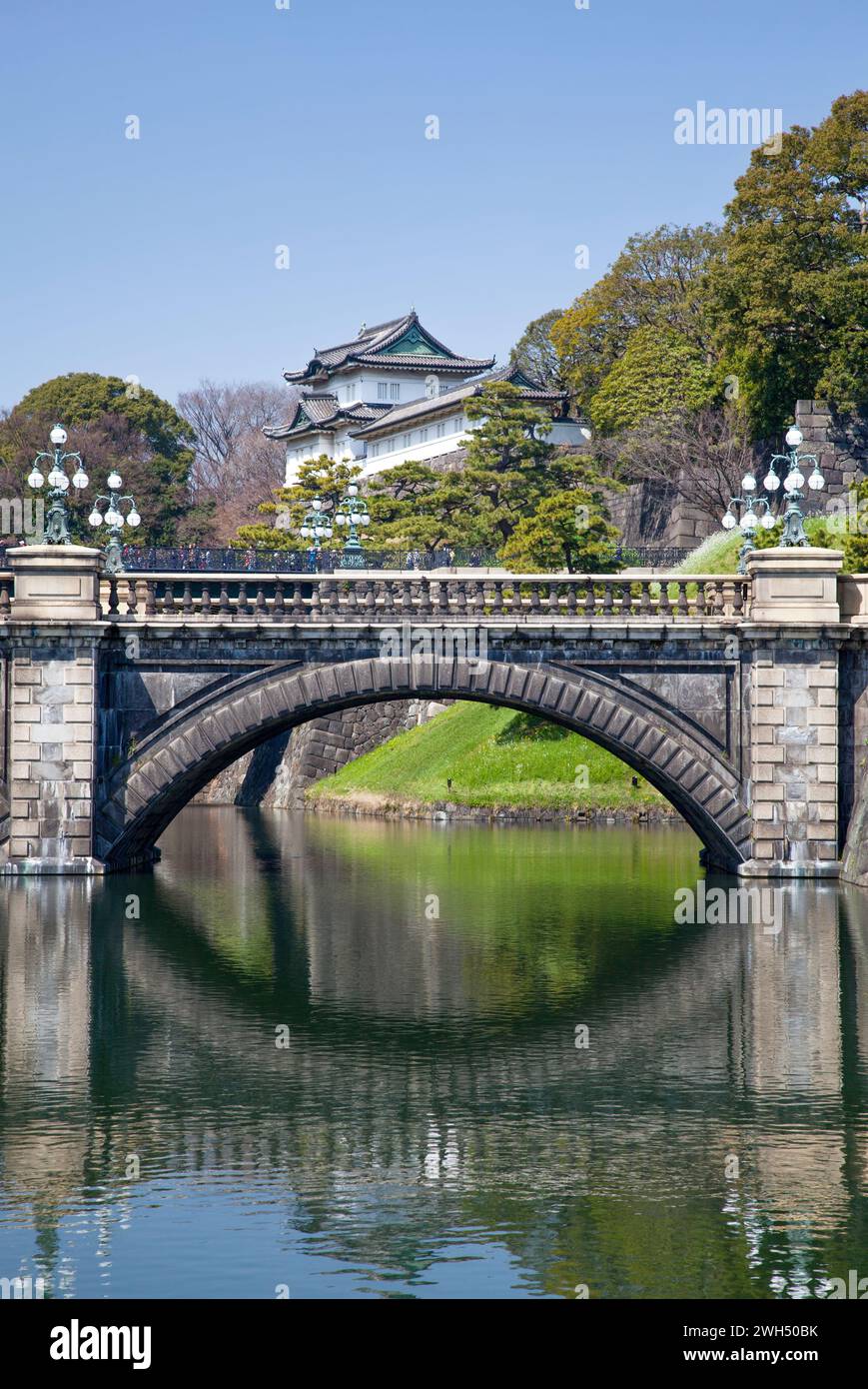 The Nijubashi bridge and Fujimi Yagura turret at the Japanese Imperial Palace in Tokyo, Japan. Stock Photo