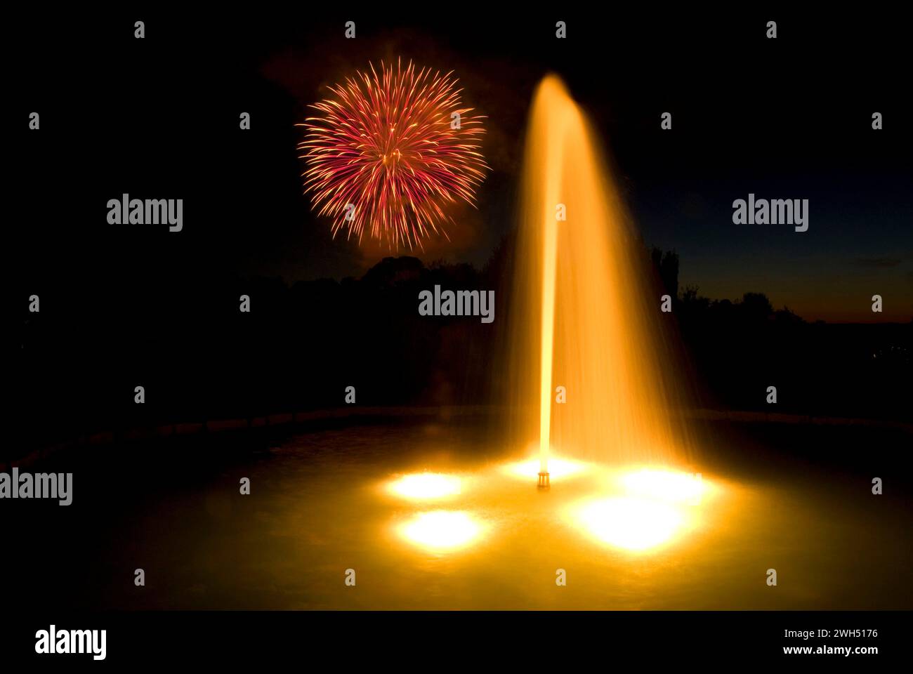 Axis Fountain with July 4th Fireworks, Oregon Garden, Oregon Stock Photo