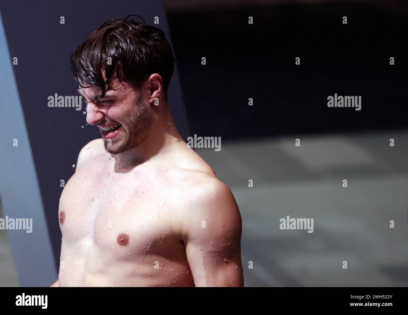 Doha, Qatar. 7th Feb, 2024. Jules Bouyer of France reacts during the men's 3m springboard final of diving at the World Aquatics Championships 2024 in Doha, Qatar, Feb. 7, 2024. Credit: Luo Yuan/Xinhua/Alamy Live News Stock Photo