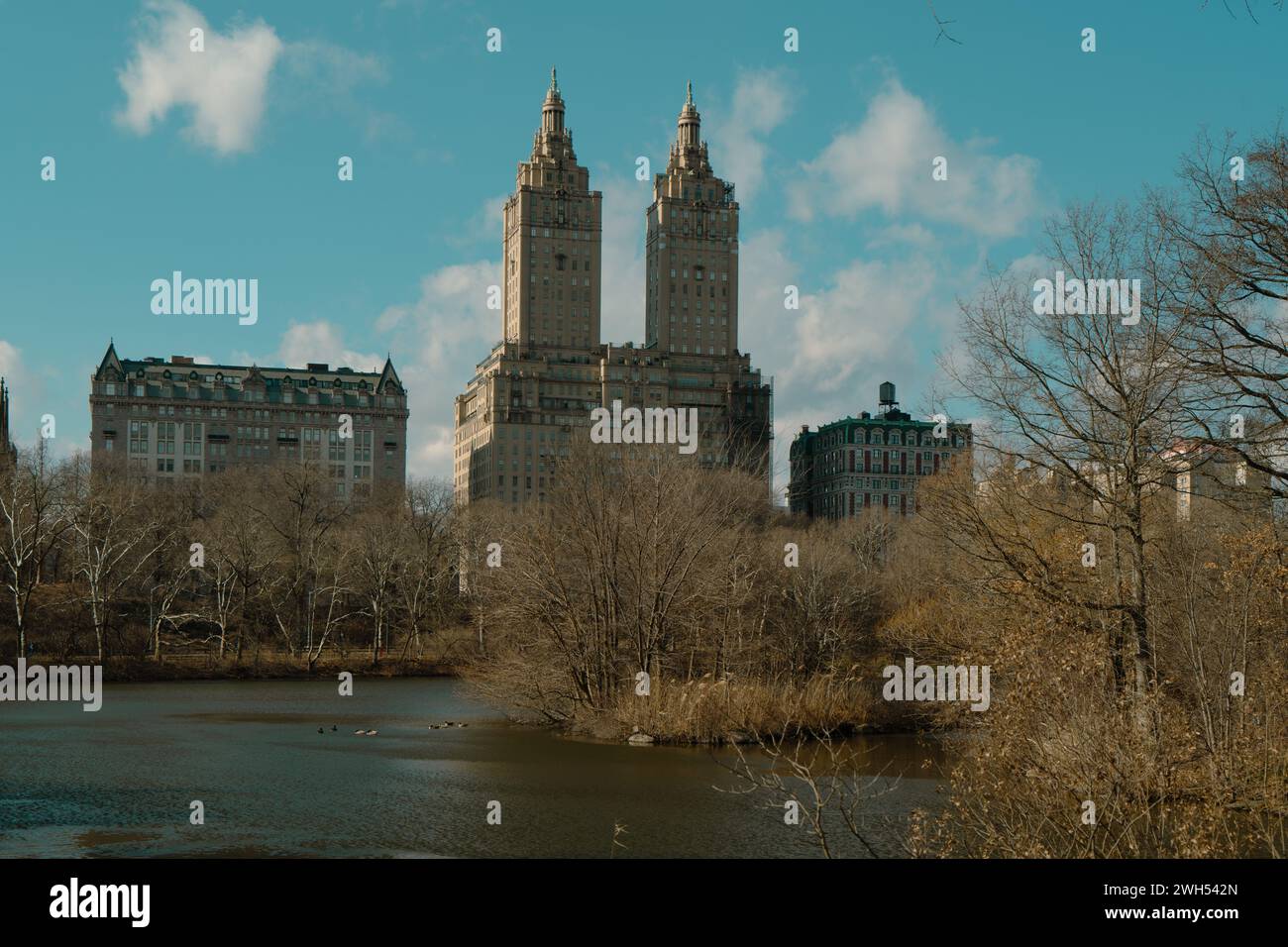 New York City, NY- February 19,2022: A panoramic view of Central park, a popular tourist destination surrounded by Skyscraper of Manhattan in New York Stock Photo