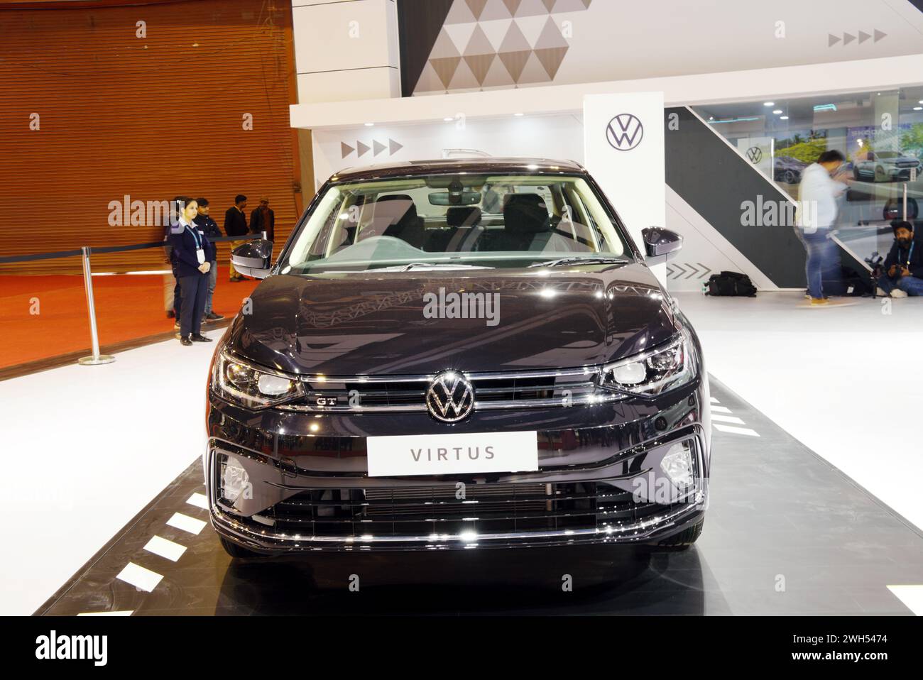 New Delhi - February 1, 2024: Volkswagen Virtus car is on display at Bharat Mobility Global Expo 2024 at New Delhi in India. Stock Photo