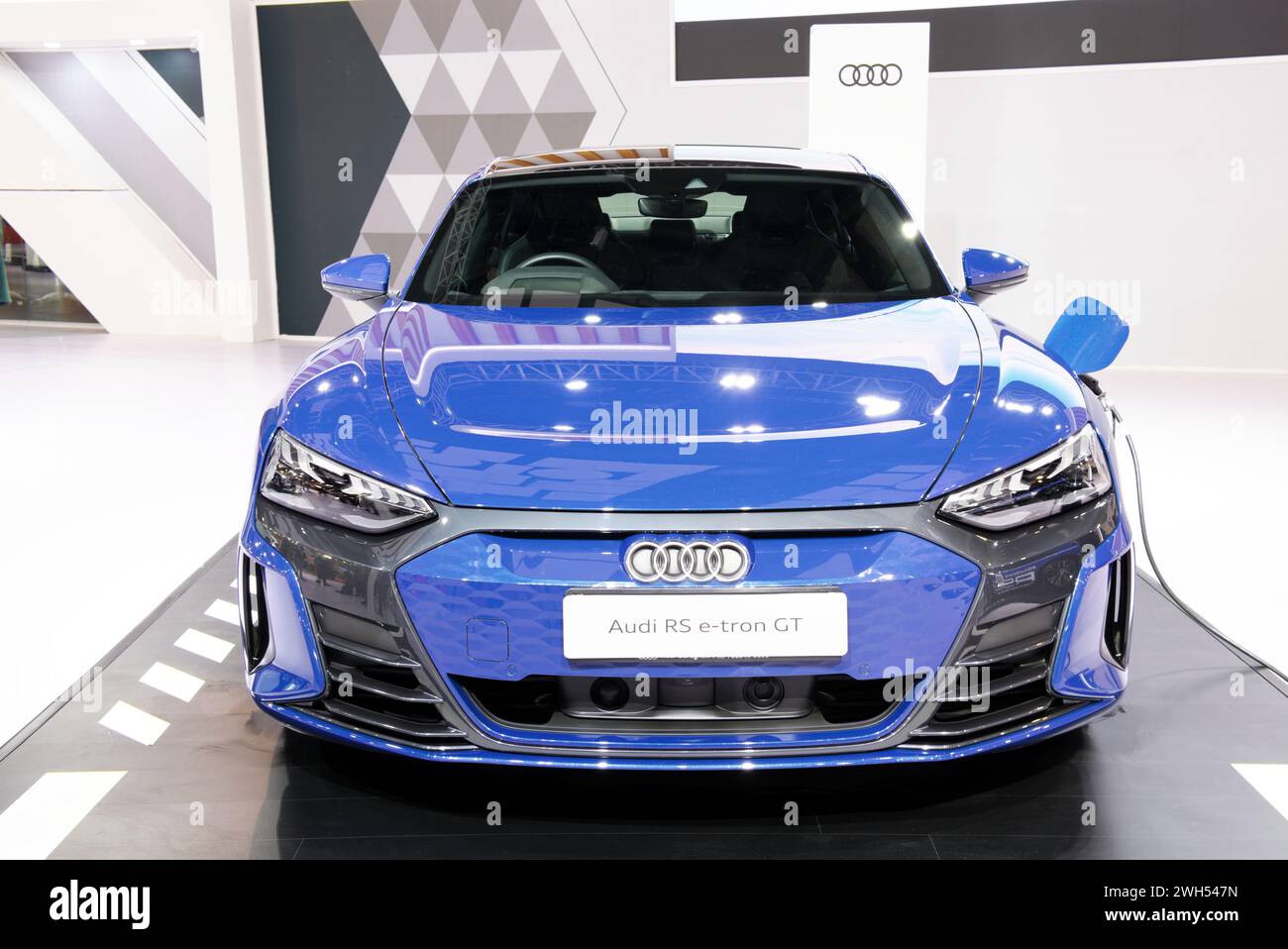 New Delhi - February 1, 2024: Audi RS e-tron GT car is on display at Bharat Mobility Global Expo 2024 at New Delhi in India. Stock Photo
