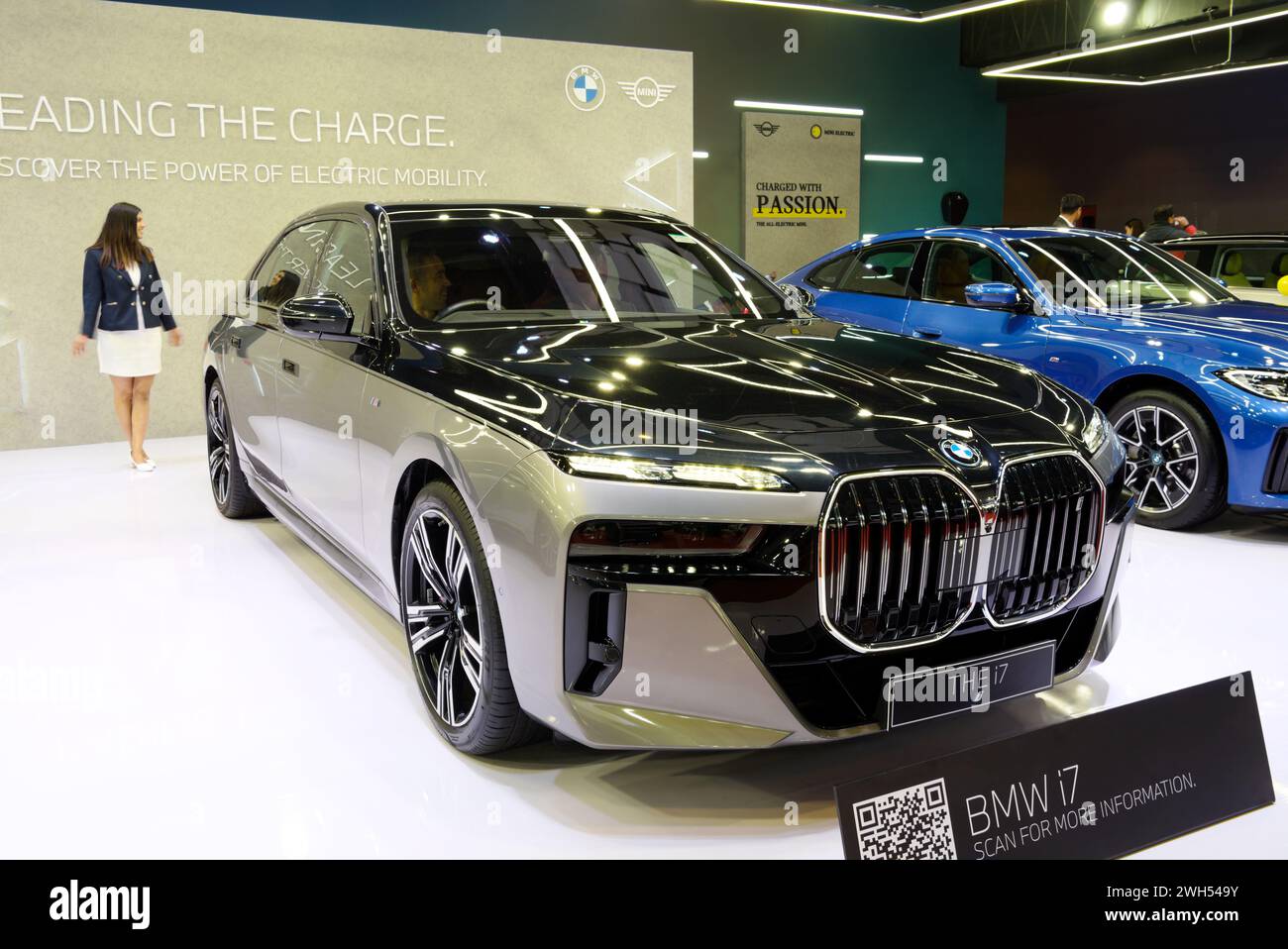 New Delhi February 1, 2024 BMW i7 car is on display at Bharat