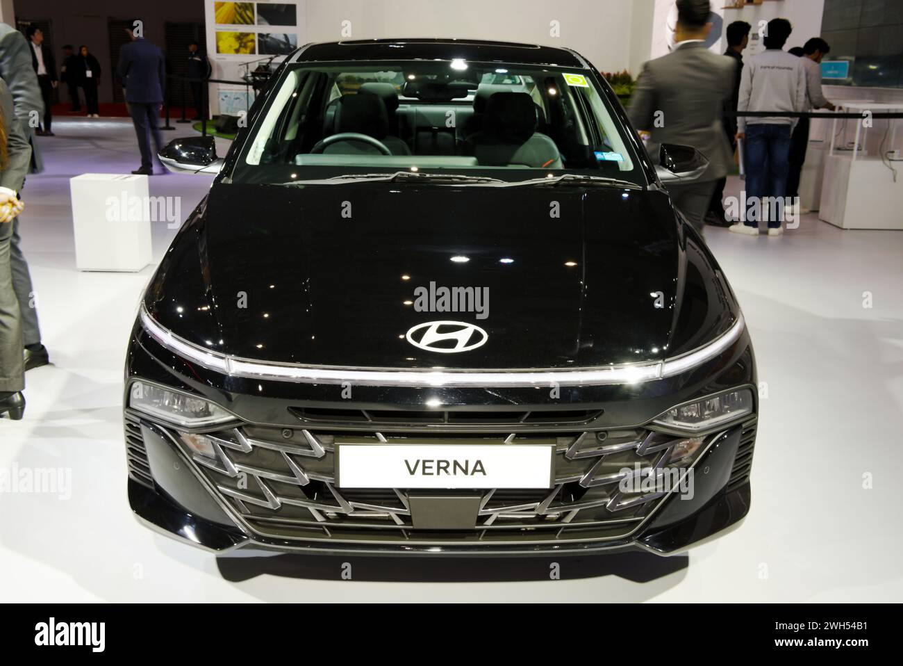 New Delhi - February 1, 2024: Hyundai Verna car is on display at Bharat Mobility Global Expo 2024 at New Delhi in India. Stock Photo