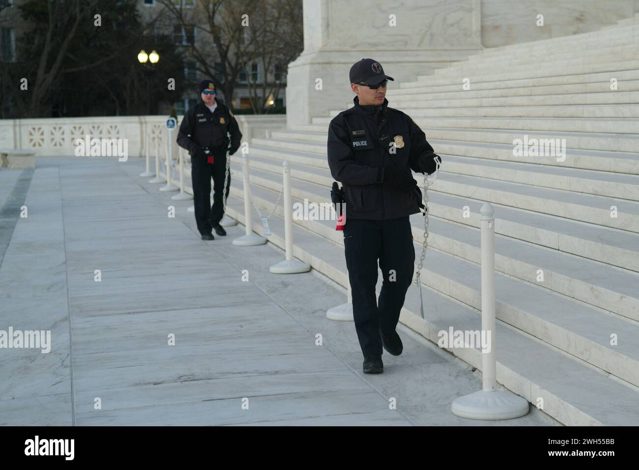 Washington, DC, USA. 7 Feb 2024. Police set up security barriers at the Supreme Court in advance of the oral arguments for former president Donald Trump's Colorado 14th Amendment disqualification appeal. Credit: Philip Yabut/Alamy Live News Stock Photo