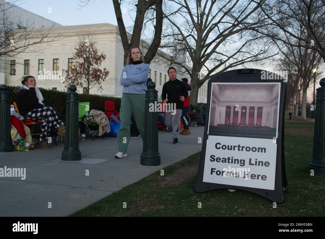 Washington, DC, USA. 7 Feb 2024. People line up outside the Supreme Court for a seat in the courtroom to watch the oral arguments for former president Donald Trump's Colorado 14th Amendment disqualification appeal. Credit: Philip Yabut/Alamy Live News Stock Photo