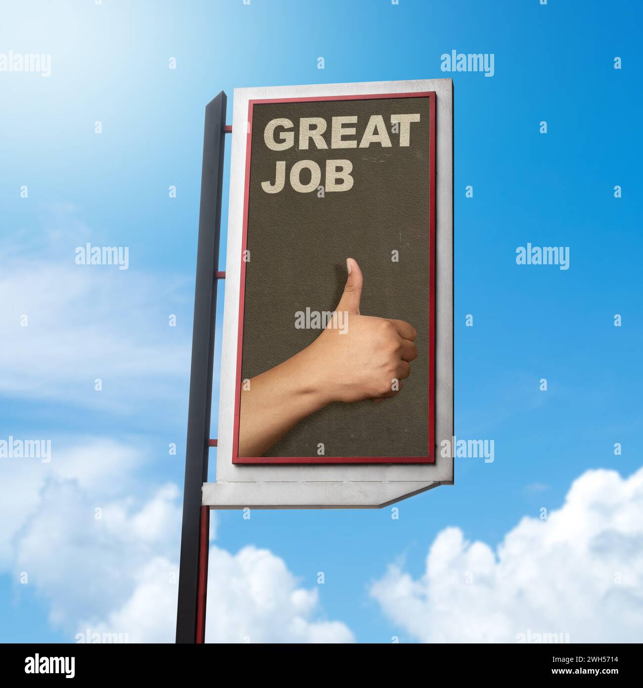 Billboard view of thumb up gesture with 'Great job' text on a black