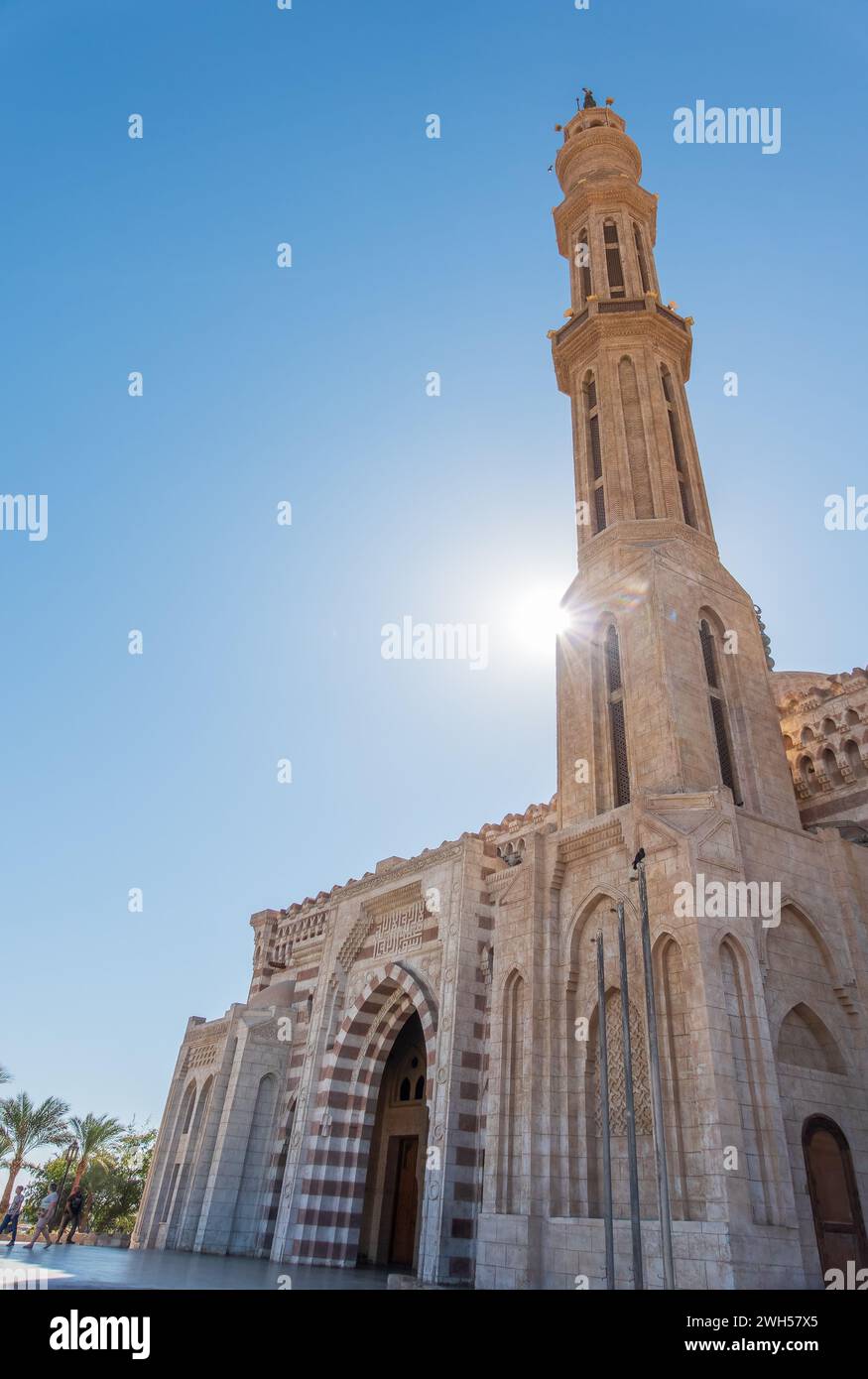Beautiful Al Mustafa Mosque in Old Town of Sharm El Sheikh in Egypt, at sunset. Front view of the El Sahaba Mosque in Sharm El Sheikh Stock Photo