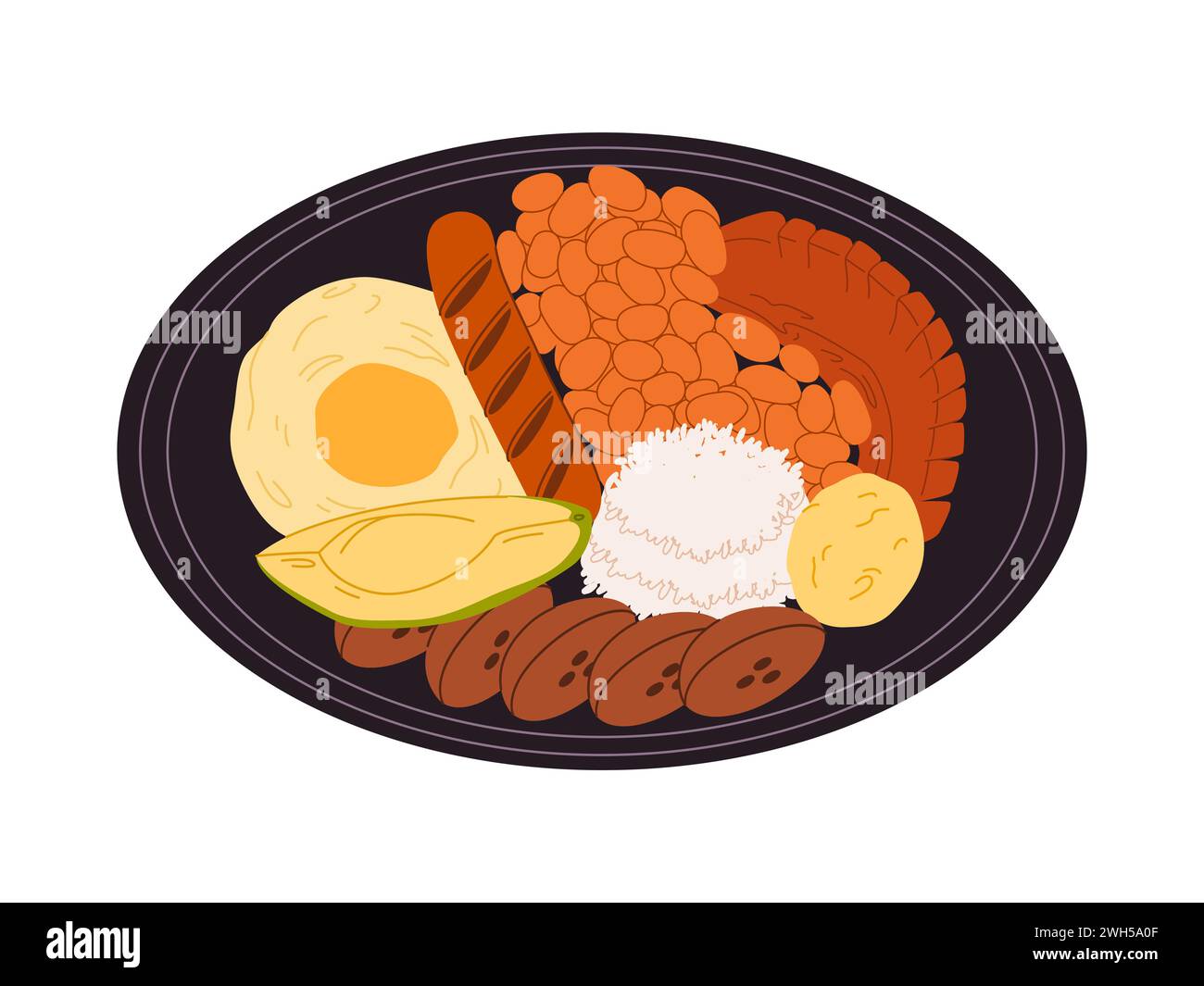 bandeja paisa traditional food colombia made from meat fried egg sausage beans avocado and plantain eaten with rice delicious cuisine Stock Vector