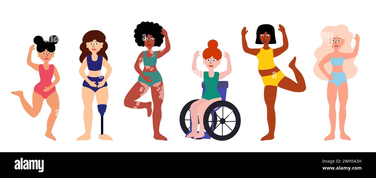 Body positive concept. Women of different ages, skin colors, ethnic groups, body types. Disability, vitiligo, prosthesis. Girls in swimsuits standing Stock Vector